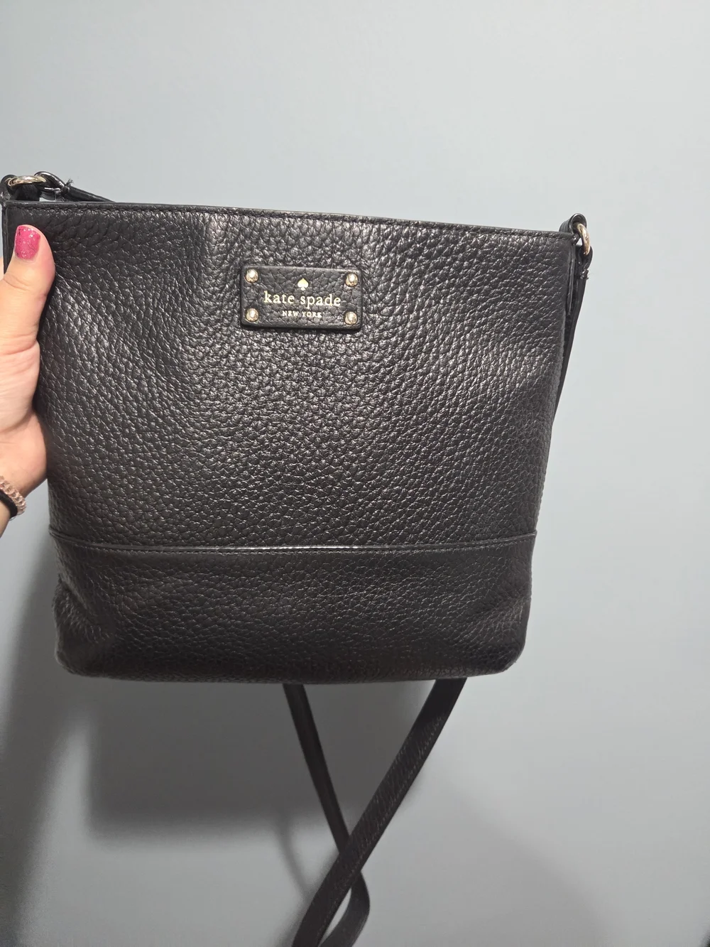 kate spade Black Pebbled Leather Crossbody with Gold Logo Plaque